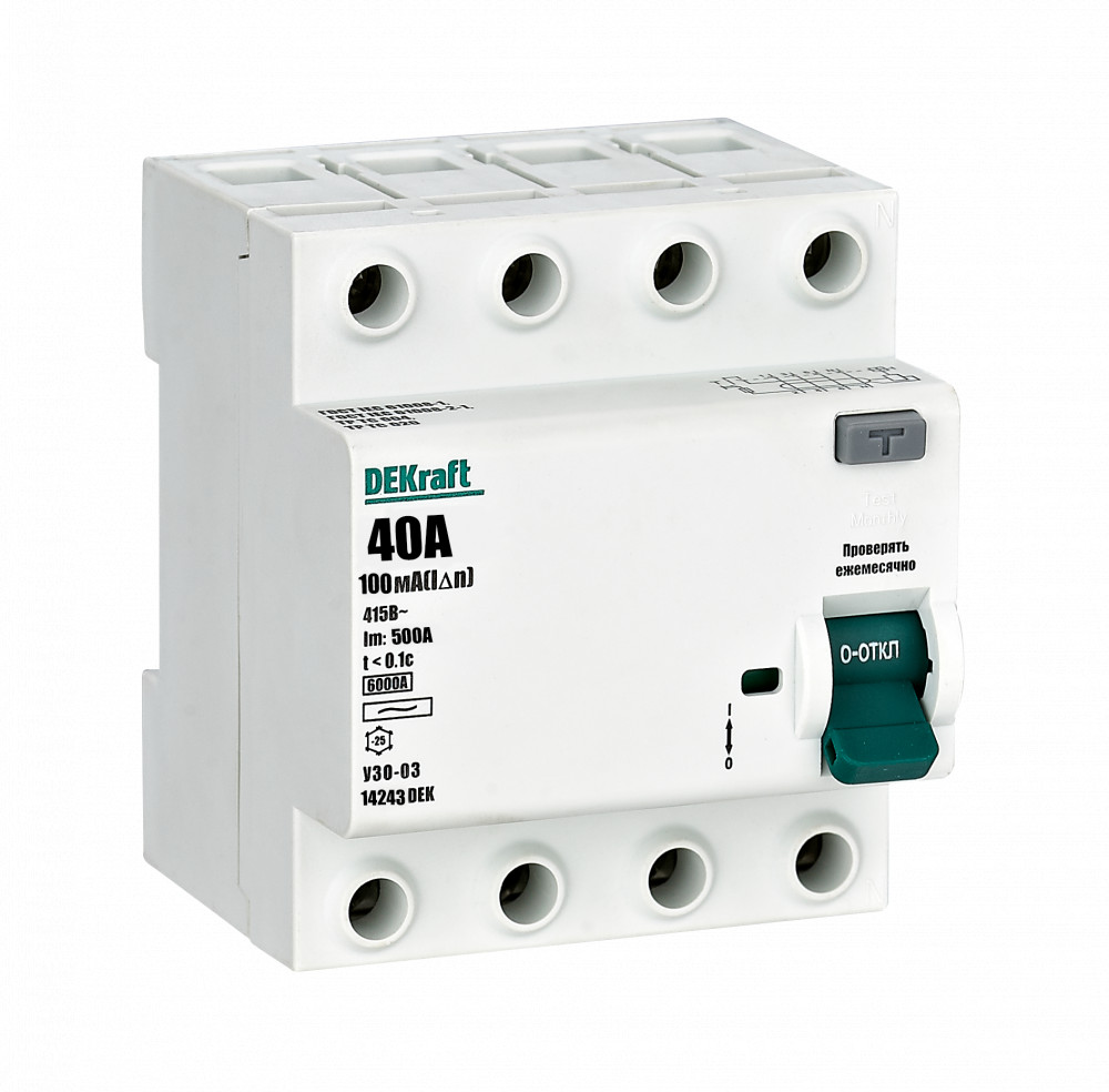 Dekraft Выключатель дифференциального тока (УЗО) 4P 40А 100мА тип AC 6кА УЗО-03