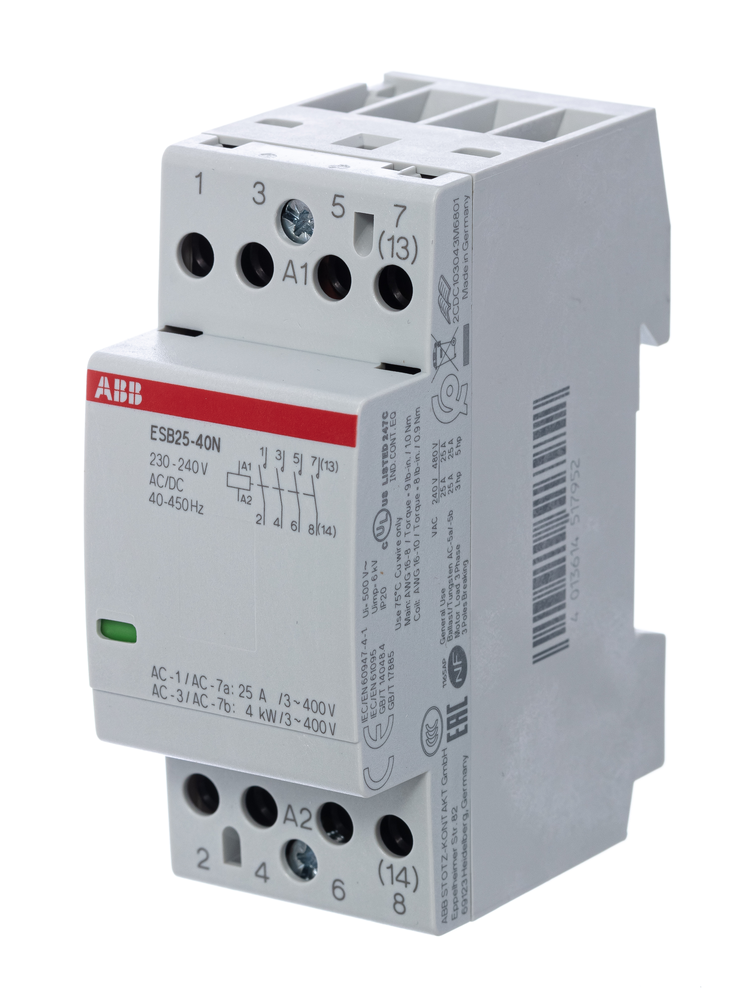 ABB Контактор ESB25-40N-06 модульный (25А АС-1, 4НО), катушка 230В AC/DC