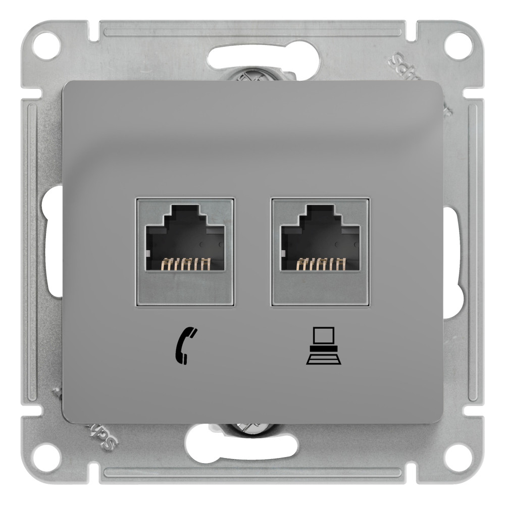 SE Glossa Алюминий Розетка 2-я RJ11+RJ45, кат.5E