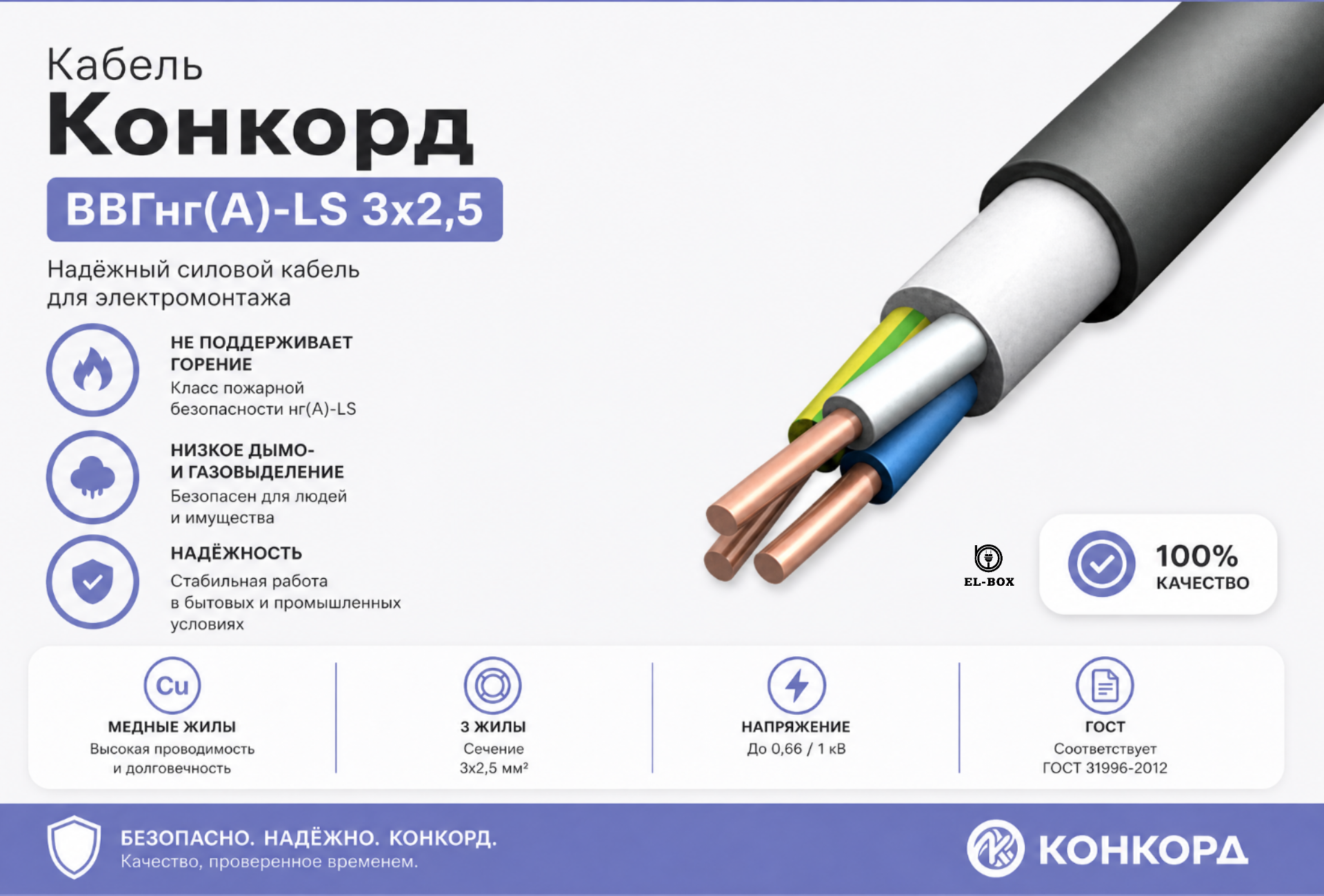 Кабель силовой ВВГнг(А)-LS 3x2.5мм² черный ГОСТ (100м) Конкорд