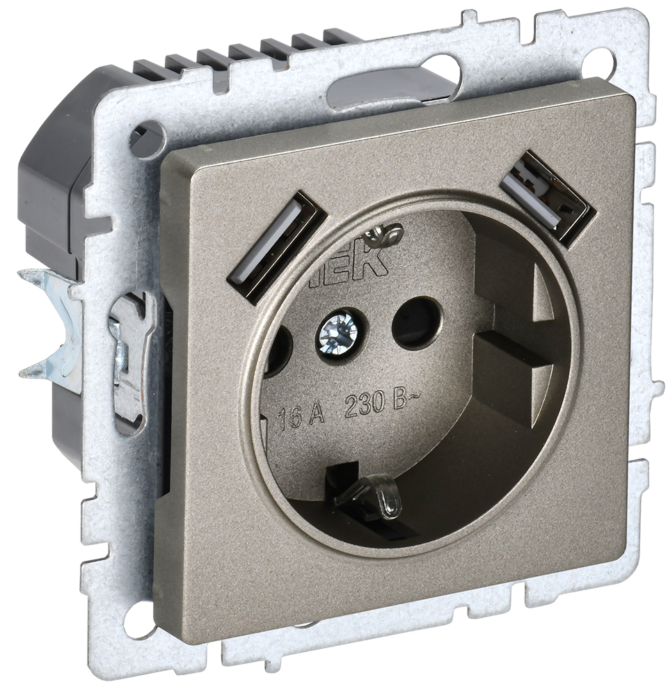 IEK BRITE Роз. с з/к/ш 16А с USB A+A 3,1А РЮш10-2-БрШ шамп.