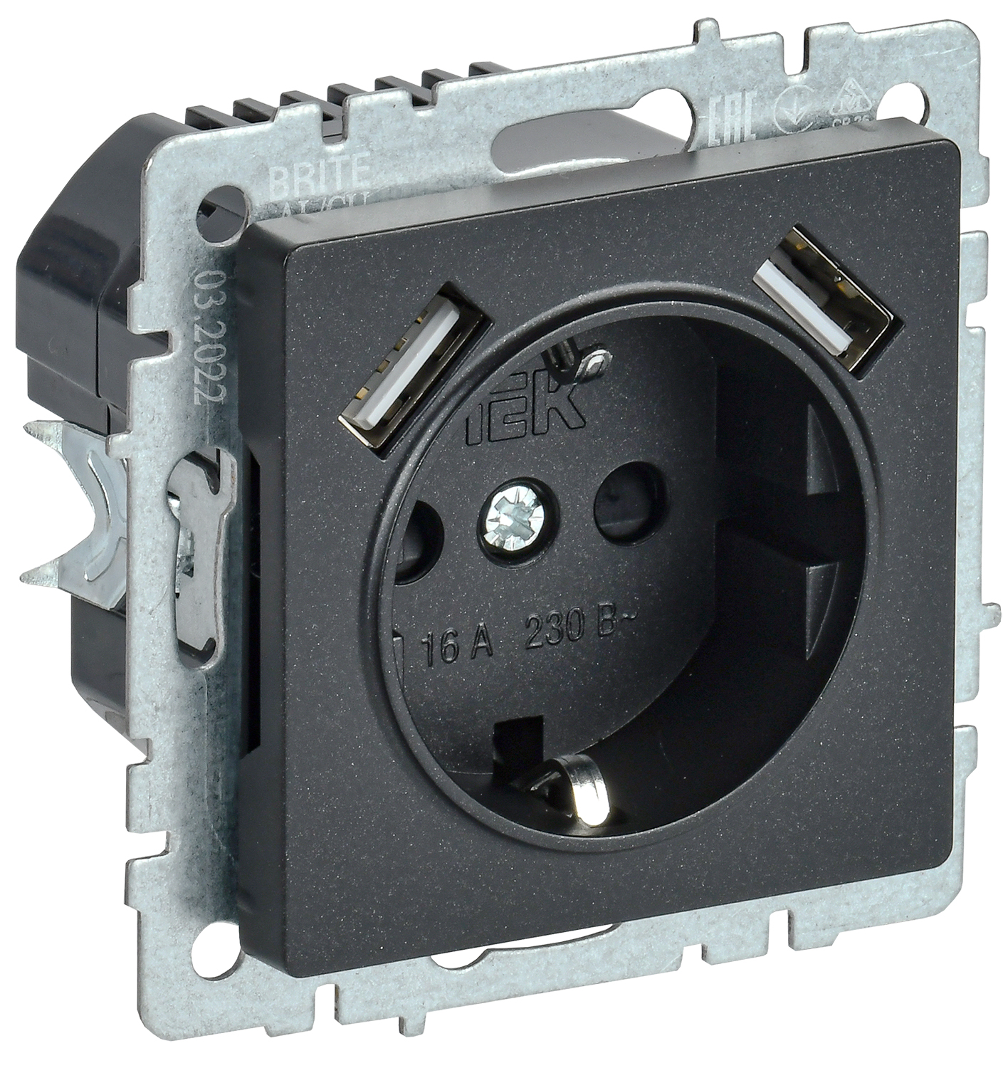 IEK BRITE Роз. с з/к/ш 16А с USB A+A 3,1А РЮш10-2-БрЧ черн.