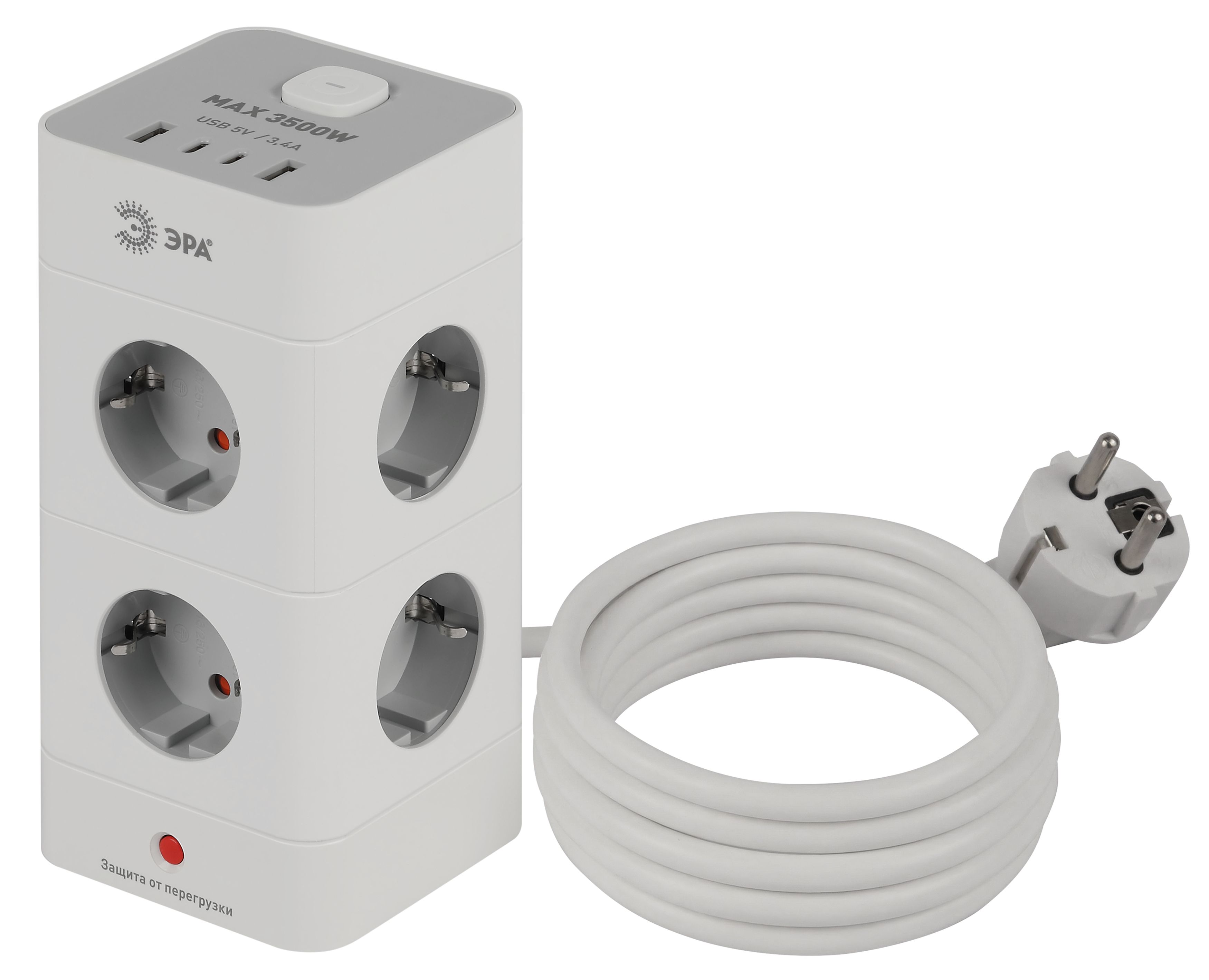 Сетевой фильтр ЭРА TWR-8es-1,5m-4USB-W башня с защитой заземлением с выключателем 8 розеток+4xUSBA+C 1,5м 16А белый