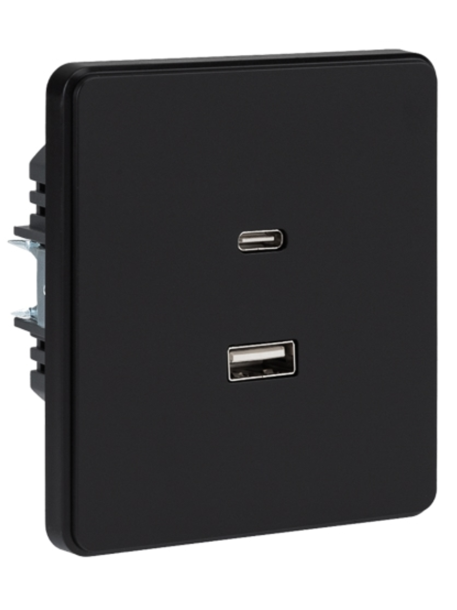 KRANZ ROUND Розетка USB-A+Type-C 3А с функцией быстрой зарядки оникс , с 1-пост. рамкой