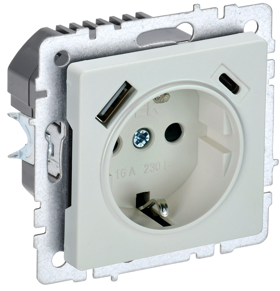 IEK BRITE Роз. с з/к/ш 16А с USB A+C 18Вт РЮш11-1-БрЖ жемч.