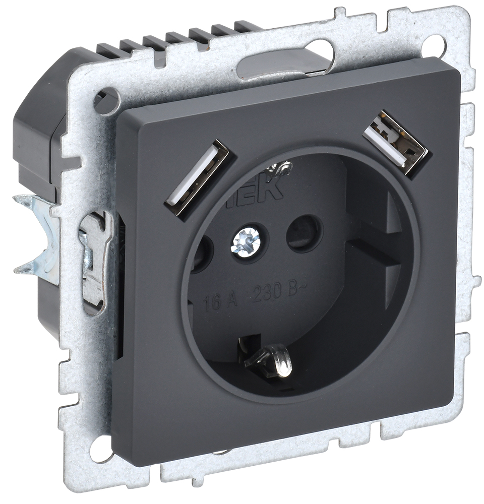 IEK BRITE Роз. с з/к/ш 16А с USB A+A 2,1А РЮш10-1-БрГ граф.