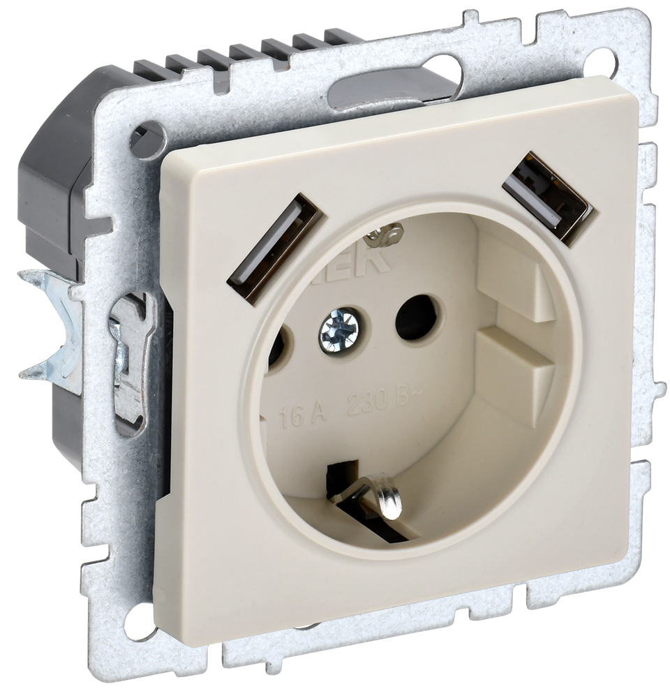 IEK BRITE Роз. с з/к/ш 16А с USB A+A 3,1А РЮш10-2-БрКр беж.