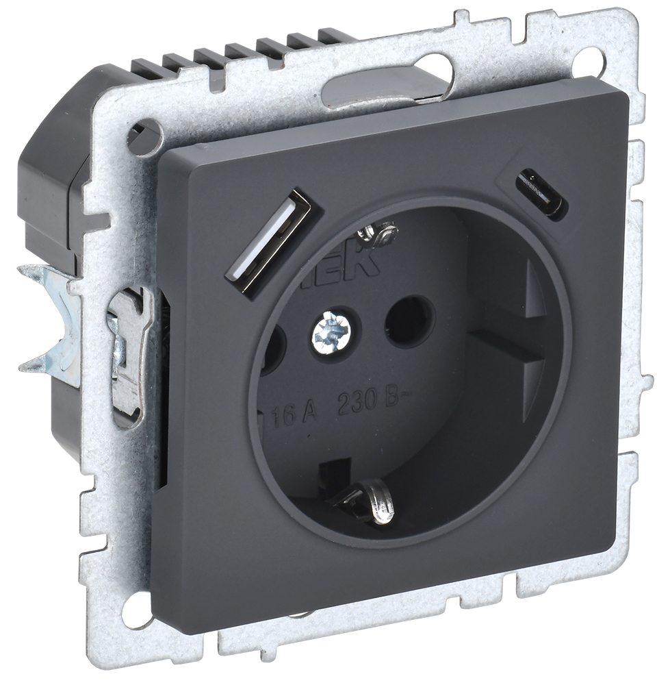 IEK BRITE Роз. с з/к/ш 16А с USB A+C 18Вт РЮш11-1-БрГ граф.