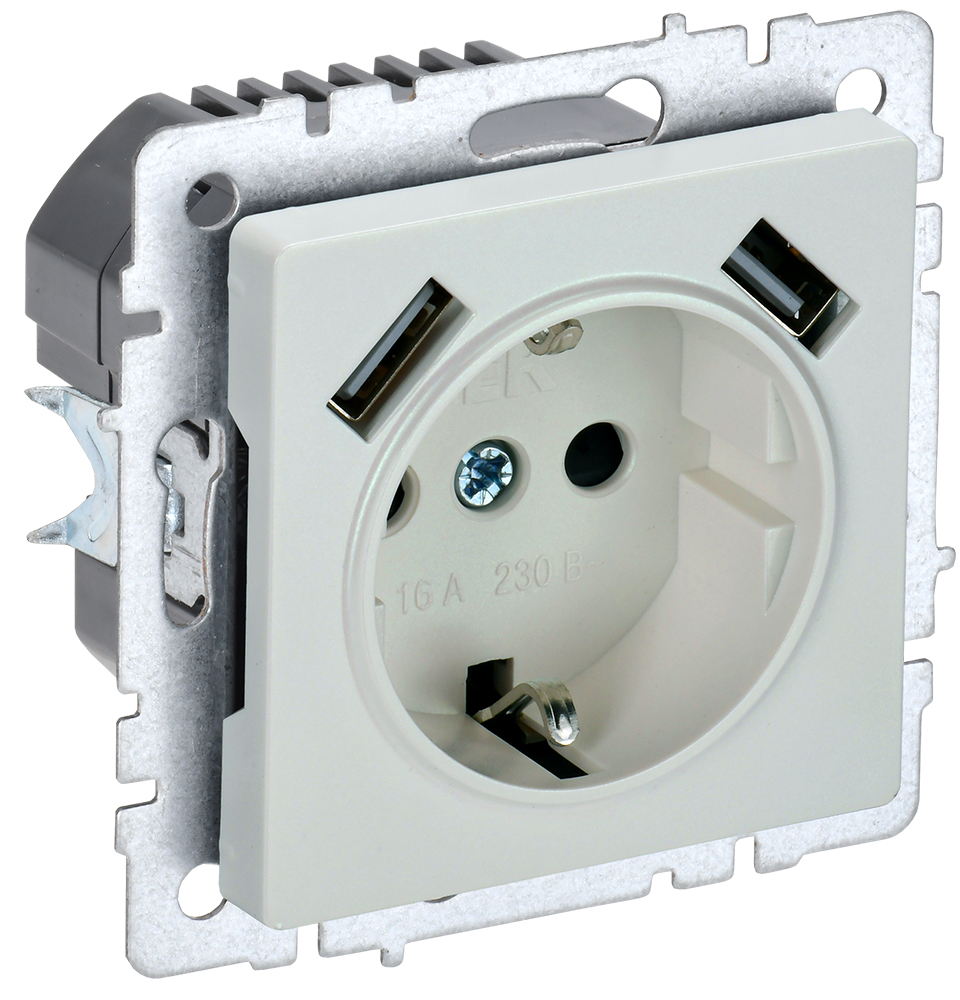 IEK BRITE Роз. с з/к/ш 16А с USB A+A 3,1А РЮш10-2-БрЖ жемч.