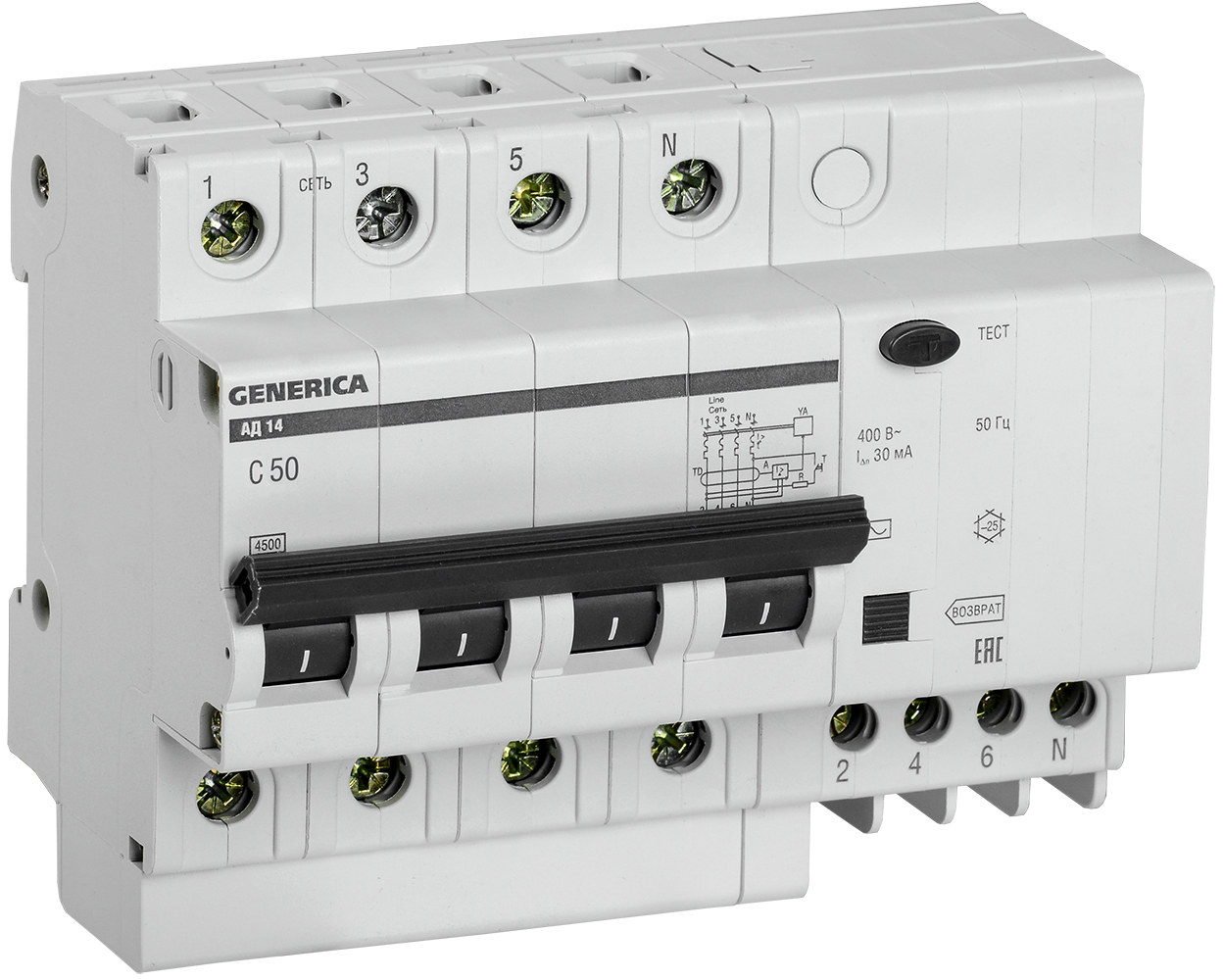 IEK GENERICA Диф.автомат АД14 4Р 50А 30мА