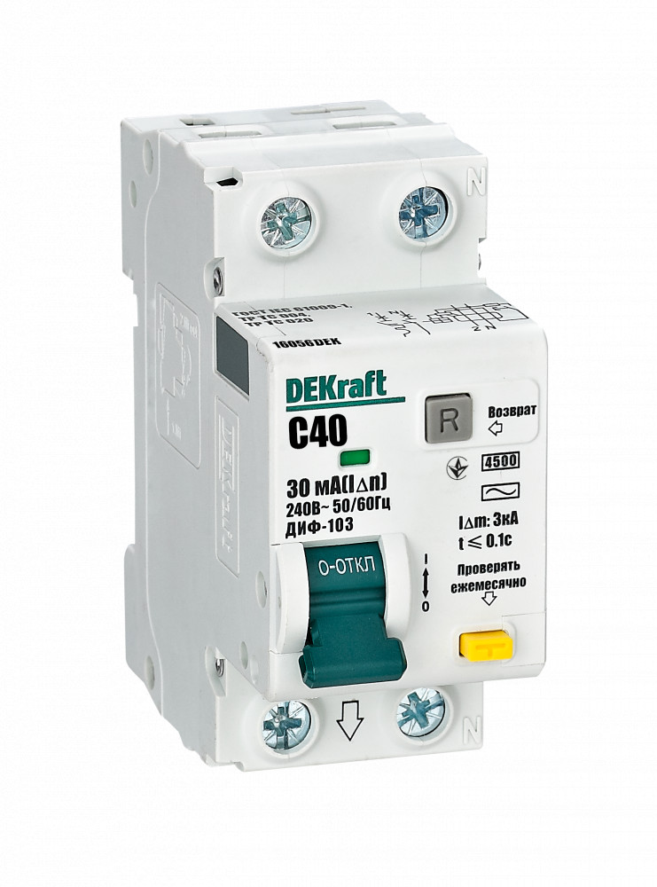Dekraft Дифференциальный автомат (АВДТ) 1Р+N 40А 30мА тип AC х-ка C ДИФ-103 4.5кА