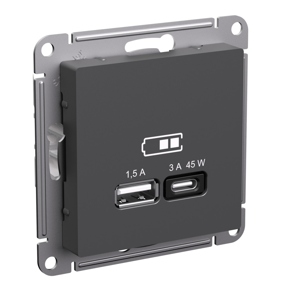 Systeme Electric AtlasDesign Базальт Розетка USB A + тип-C 45Вт высокоскор.заряд. QC, PD, механизм