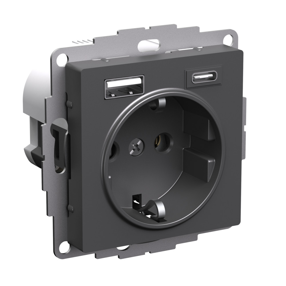 Systeme Electric AtlasDesign Базальт Розетка 16А с 2 USB A+C, 5В/2,4А/3,0А, 2х5В/1,5А, механизм