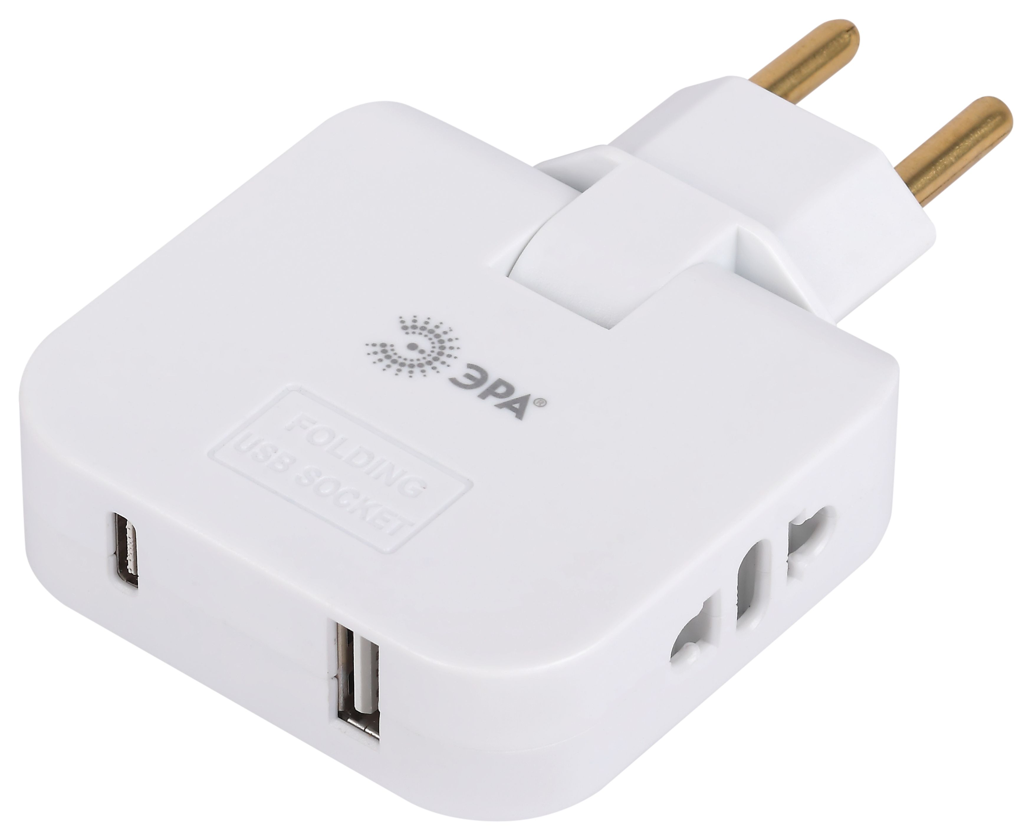 ЭРА Разветвитель электрический SPF-2-FL-USBC поворотный на 2 розетки + 2USB A+C 10А белый
