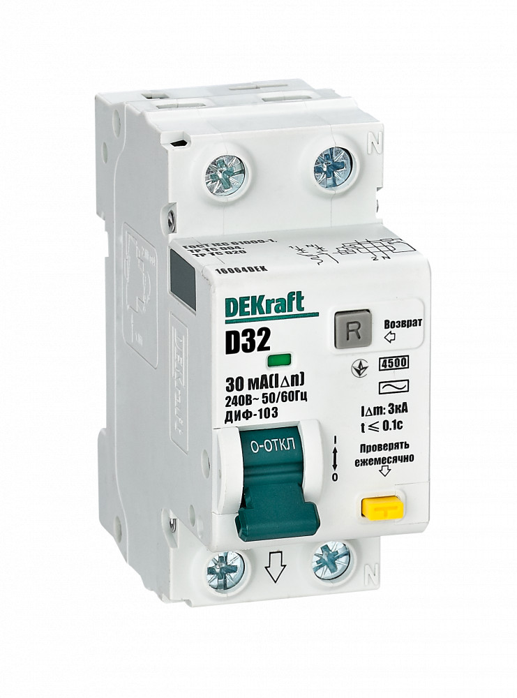 Dekraft Дифференциальный автомат (АВДТ) 1Р+N 32А 30мА тип AC х-ка D ДИФ-103 4.5кА