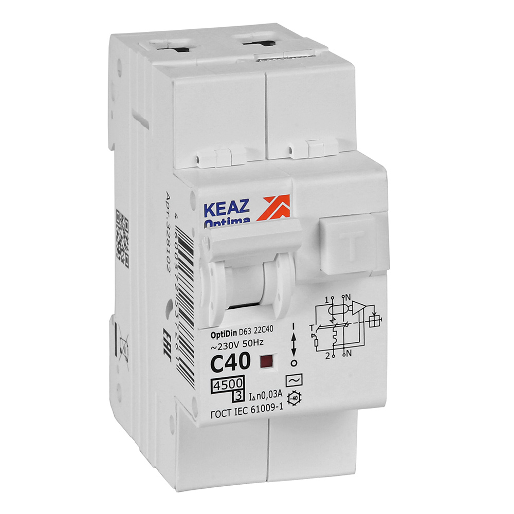КЭАЗ АВДТ с защитой от сверхтоков OptiDin D63-22C40-AC-У3 (2P, C40, 30mA, 4,5кА)
