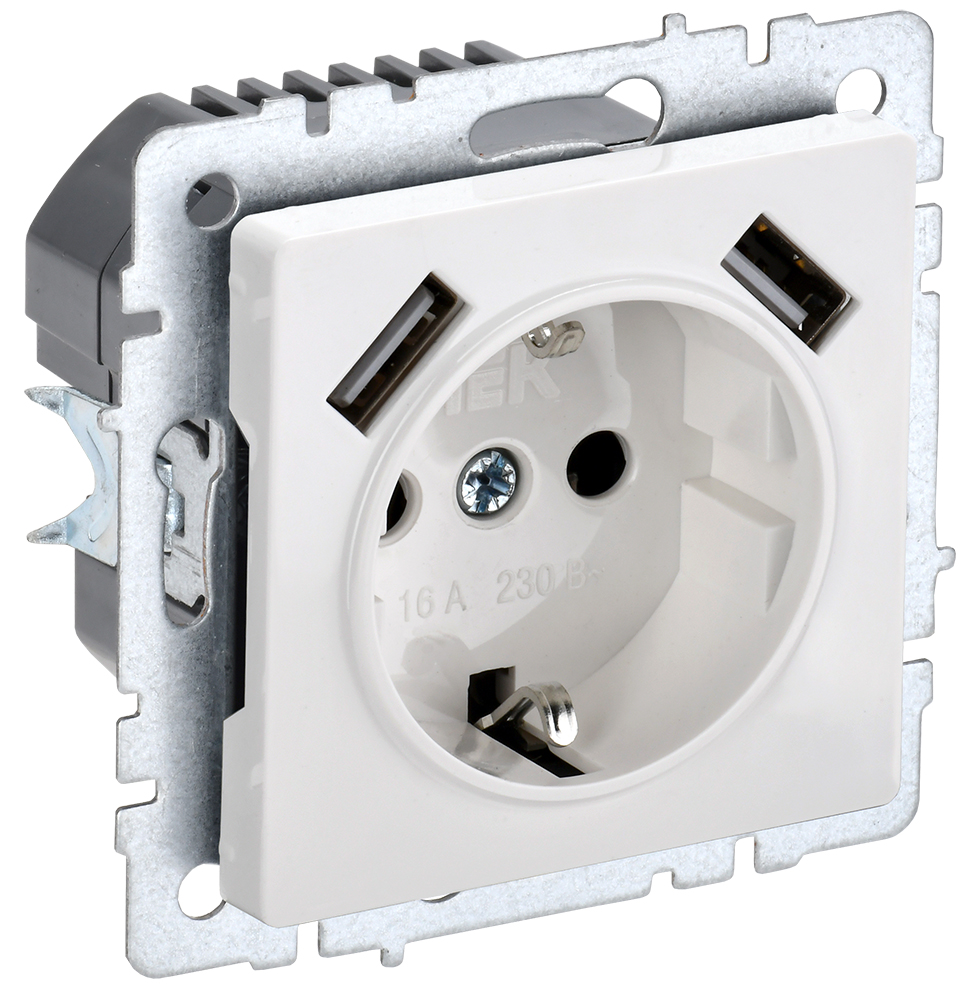 IEK BRITE Роз. с з/к/ш 16А с USB A+A 2,1А РЮш10-1-БрБ бел.