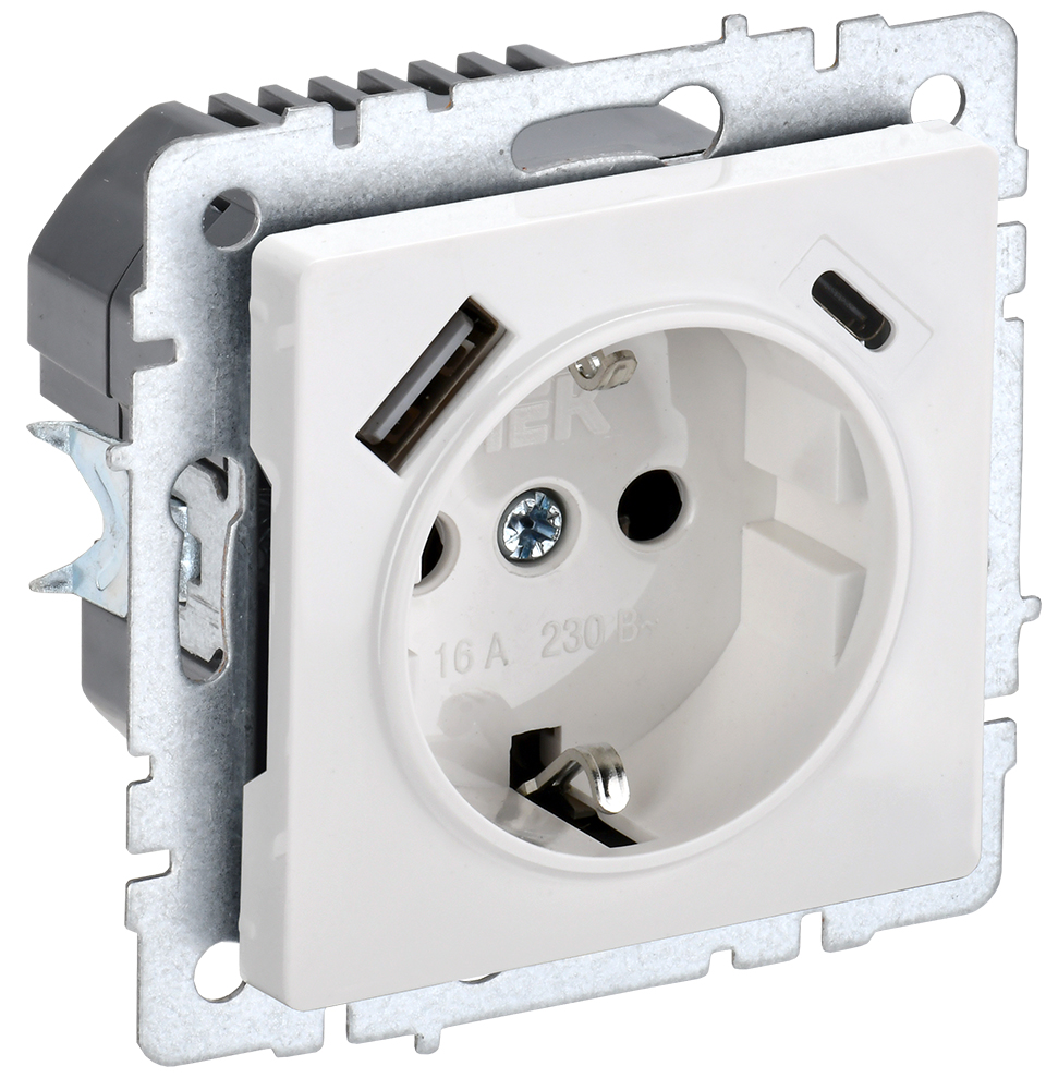 IEK BRITE Роз. с з/к/ш 16А с USB A+C 18Вт РЮш11-1-БрБ бел.