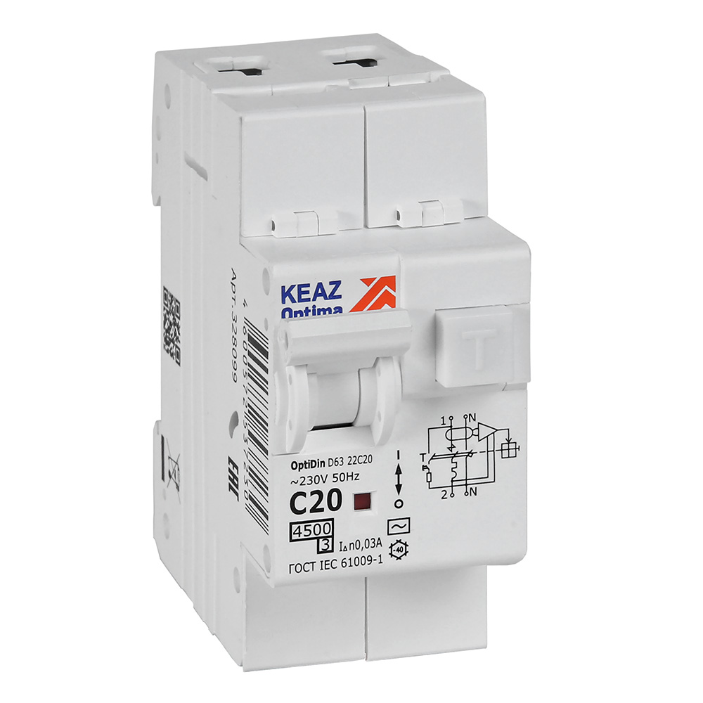КЭАЗ АВДТ с защитой от сверхтоков OptiDin D63-22C20-AC-У3 (2P, C20, 30mA, 4,5кА)