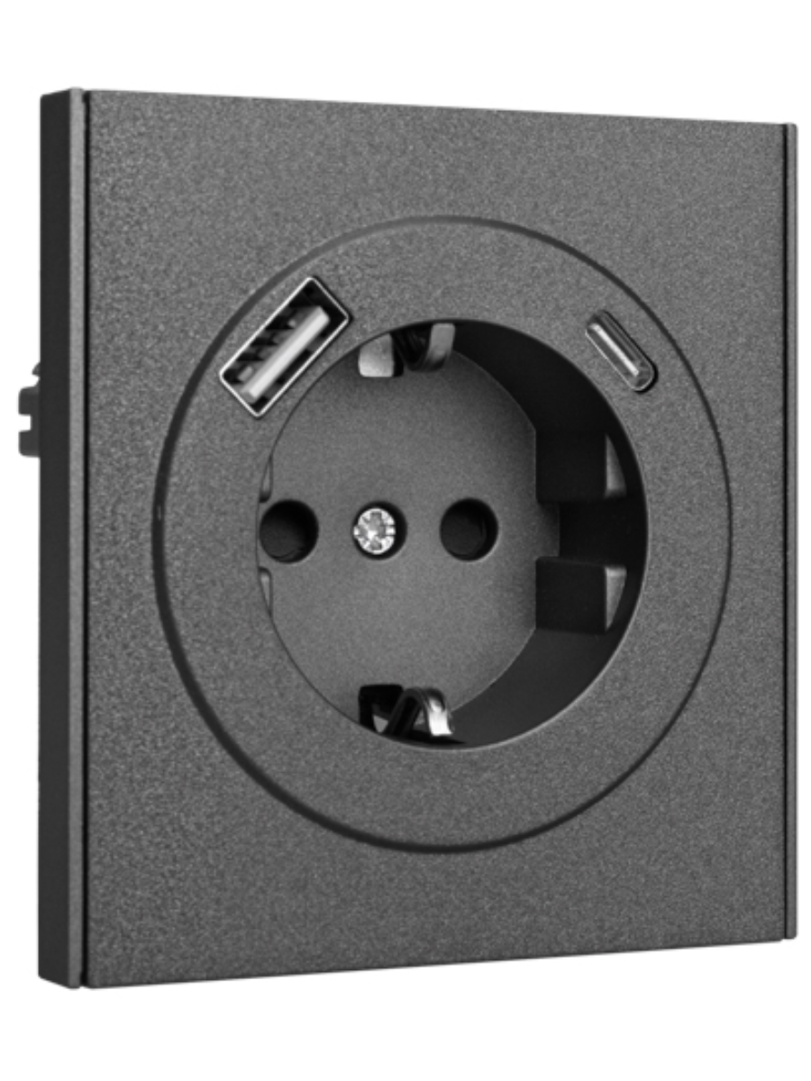 KRANZ STRONG Розетка 1-ая с/з с/у з/ш 16А с USB A+C быстрой зарядки 5В/3А графит, с 1-пост. рамкой