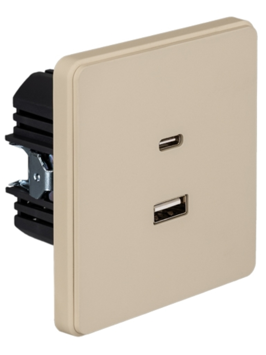 KRANZ ROUND Розетка USB-A+Type-C 3А с функцией быстрой зарядки шелк, с 1-пост. рамкой