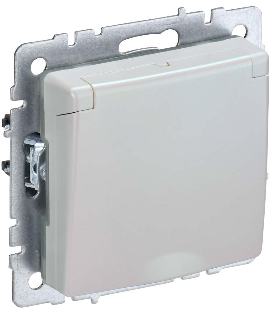 IEK BRITE Розетка 1-местная с заземлением с защитными шторками и крышкой 16А IP44 РСбш10-3-44-БрЖ жемчуг
