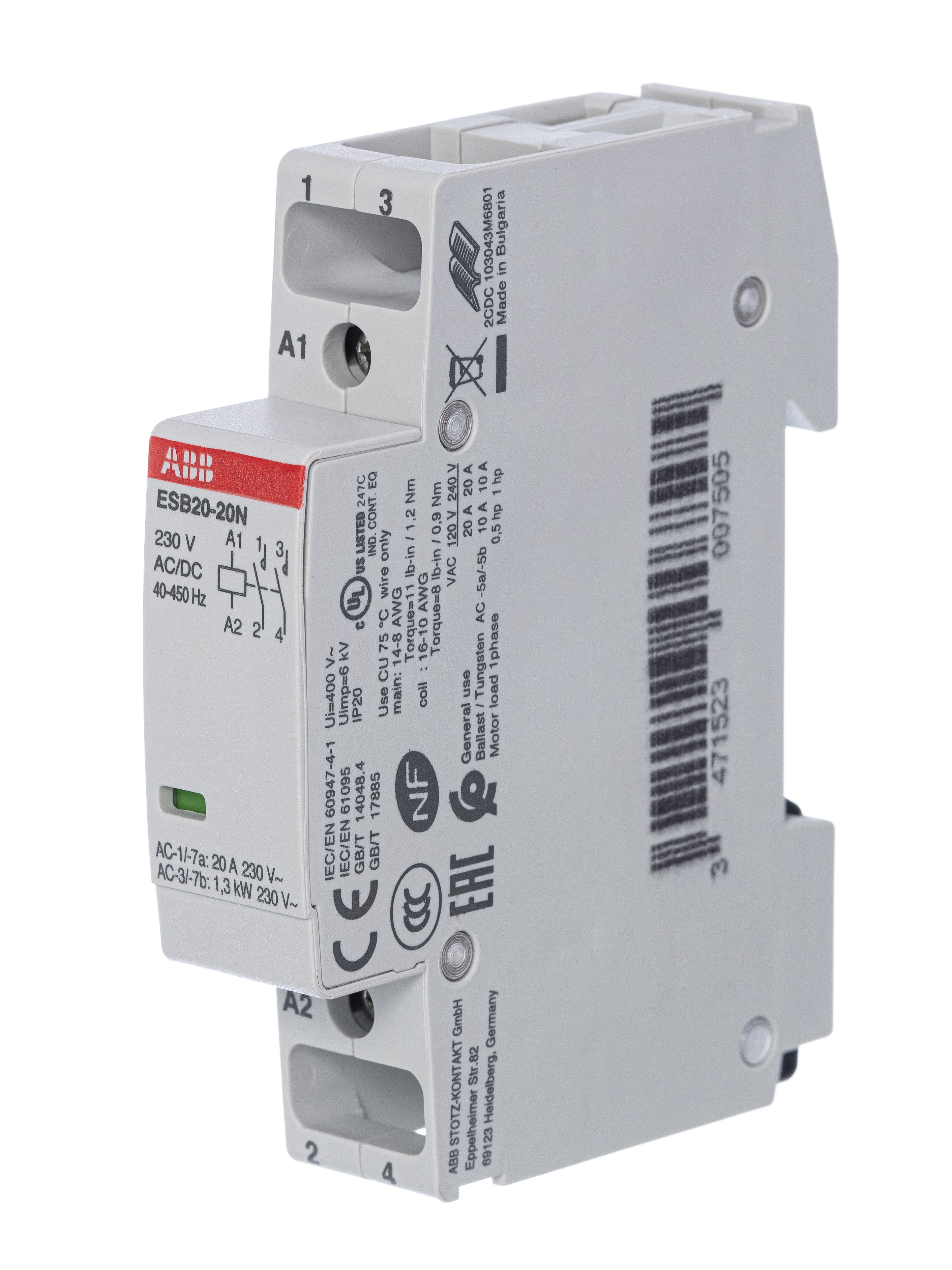 ABB Контактор ESB20-20N-06 модульный (20А АС-1, 2НО), катушка 230В AC/DC
