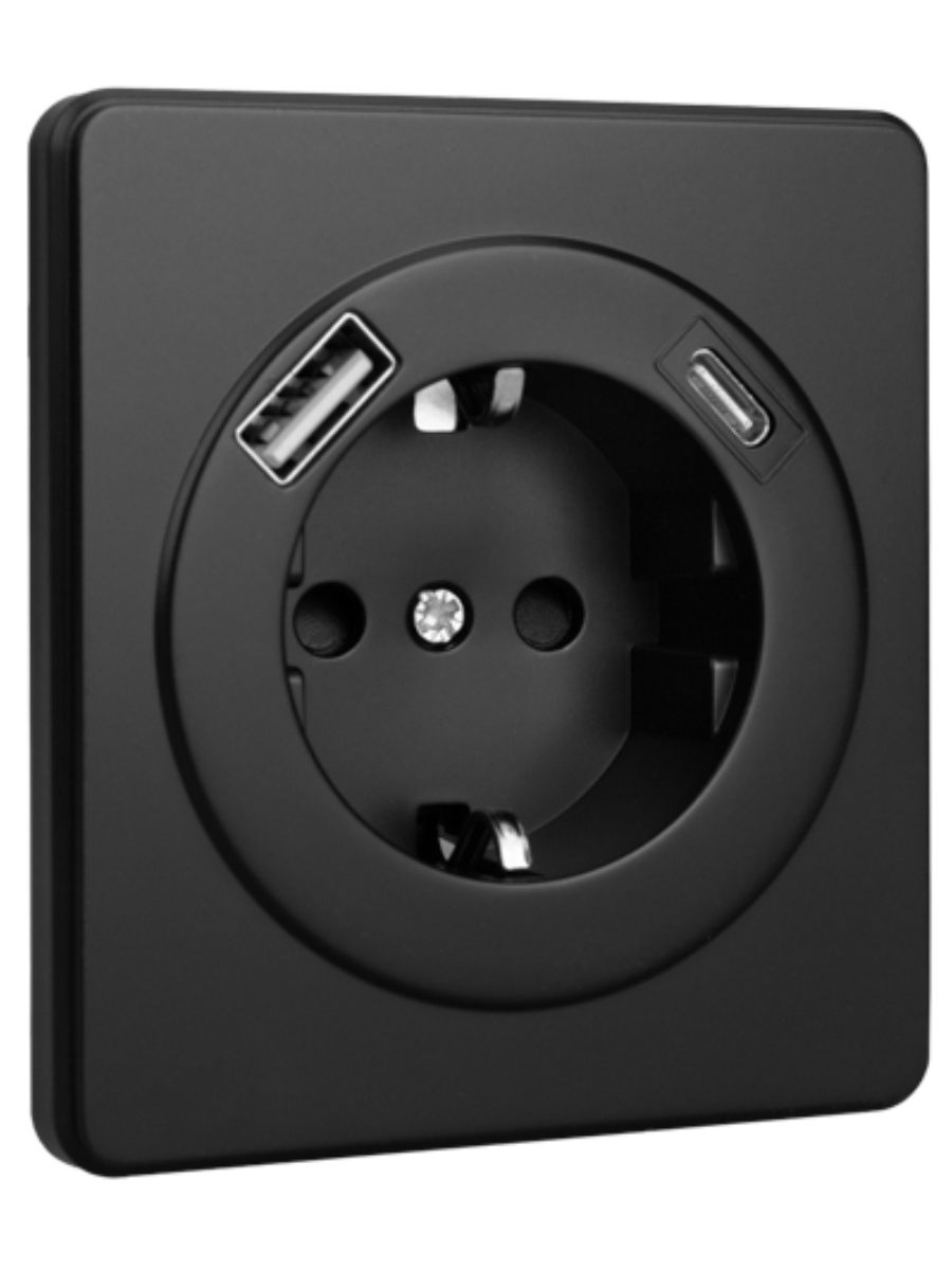 KRANZ ROUND Розетка 1-ая с/з с/у з/ш 16А с USB A+C быстрой зарядки 5В/3А оникс, с 1-пост. рамкой