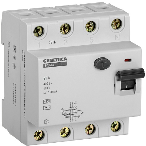 IEK GENERICA   УЗО ВД1-63 4Р 25А 100мА