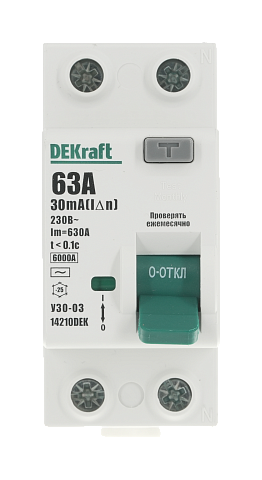Dekraft Выключатель дифференциального тока (УЗО) 2P 63А 30мА тип AC 6кА УЗО-03