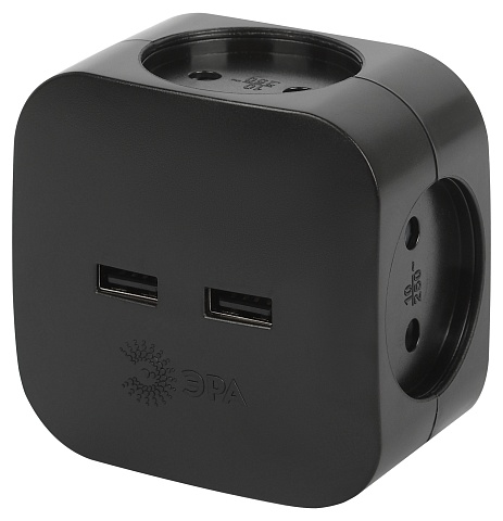 ЭРА Разветвитель электрический SP-4-USB-B на 4 розетки + 2xUSB 2400mA без заземления 10А черный