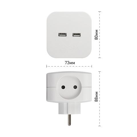 ЭРА Разветвитель электрический SP-4-USB-W на 4 розетки + 2xUSB 2400mA без заземления 10А белый