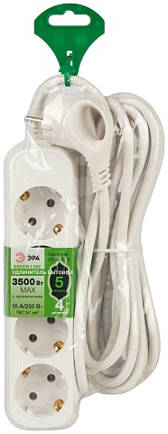 ЭРА Удлинитель электрический UDL-16-450-E Greenline 4 розетки с заземлением 5м ПВС 3x1мм2