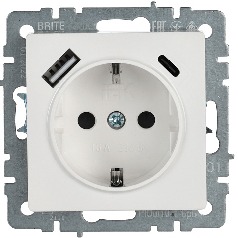 IEK BRITE Роз. с з/к/ш 16А с USB A+C 18Вт РЮш11-1-БрБ бел.