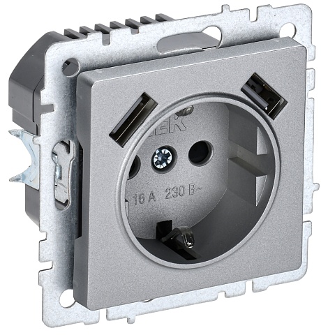 IEK BRITE Роз. с з/к/ш 16А с USB A+A 3,1А РЮш10-2-БрА алюм.