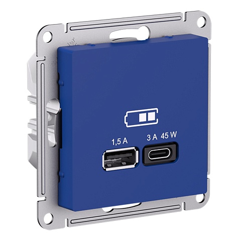 SE AtlasDesign Аквамарин Розетка USB A + тип-C 45Вт высокоскор.заряд. QC,PD, механизм
