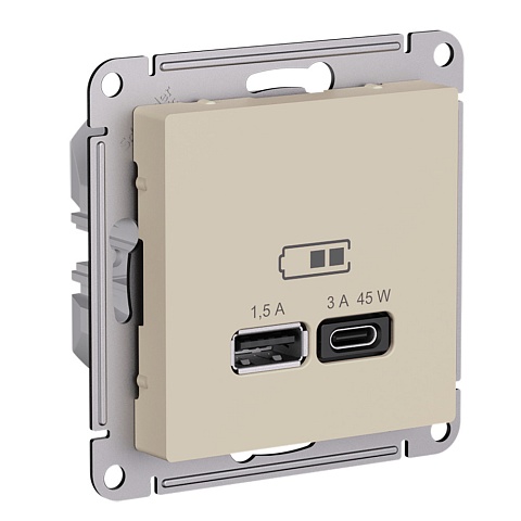 SE AtlasDesign Песочный Розетка USB A + тип-C 45Вт высокоскор.заряд. QC,PD, механизм