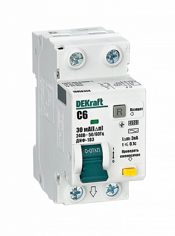 Dekraft Дифференциальный автомат (АВДТ) 1Р+N 6А 30мА тип AC х-ка C ДИФ-103 4.5кА