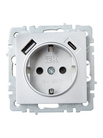 IEK BRITE Роз. с з/к/ш 16А с USB A+C 18Вт РЮш11-1-БрА алюм.