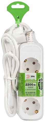 ЭРА Удлинитель электрический UDL-10-315-E Greenline 3 розетки с заземлением 1,5м ПВС 3x0.75мм2