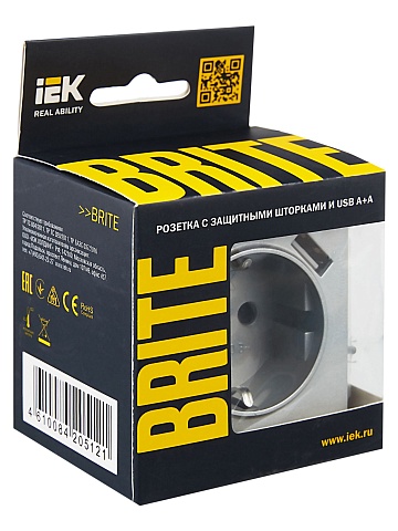 IEK BRITE Роз. с з/к/ш 16А с USB A+A 3,1А РЮш10-2-БрА алюм.