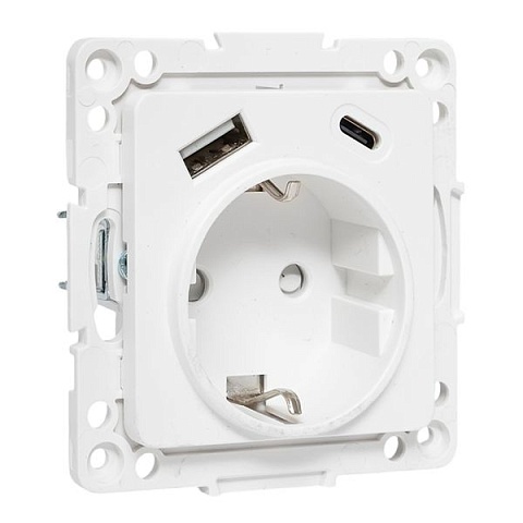EKF Стокгольм Механизм Розетки 1-местной с/з, USB A+C 16А винтовые клеммы белый с защ. штор..
