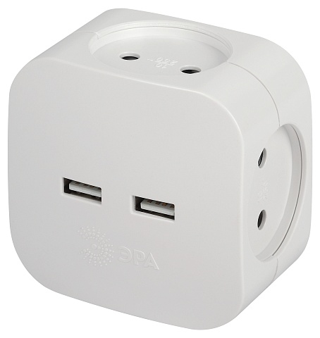 ЭРА Разветвитель электрический SP-4-USB-W на 4 розетки + 2xUSB 2400mA без заземления 10А белый