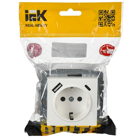 IEK BRITE Роз. с з/к/ш 16А с USB A+C 18Вт РЮш11-1-БрБ бел.