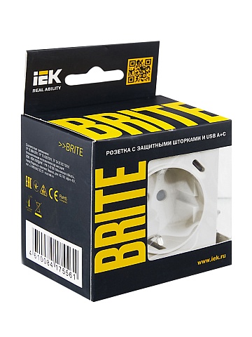 IEK BRITE Роз. с з/к/ш 16А с USB A+C 18Вт РЮш11-1-БрЖ жемч.