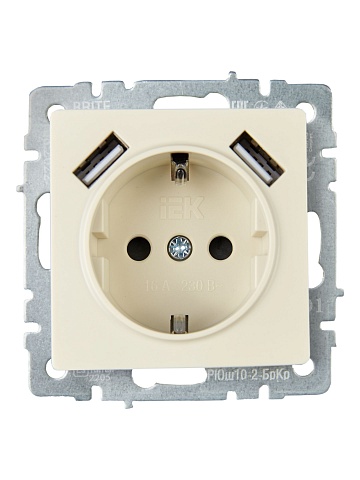 IEK BRITE Роз. с з/к/ш 16А с USB A+A 3,1А РЮш10-2-БрКр беж.