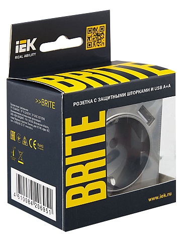 IEK BRITE Роз. с з/к/ш 16А с USB A+A 2,1А РЮш10-1-БрС сталь