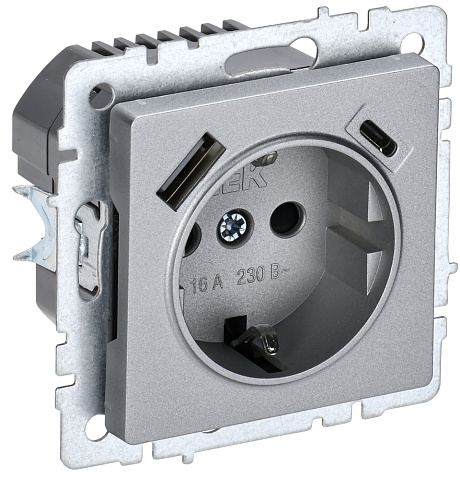 IEK BRITE Роз. с з/к/ш 16А с USB A+C 18Вт РЮш11-1-БрА алюм.