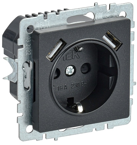IEK BRITE Роз. с з/к/ш 16А с USB A+A 3,1А РЮш10-2-БрЧ черн.