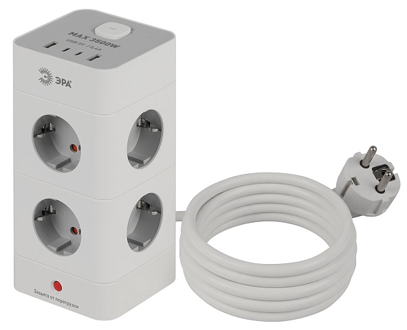 Сетевой фильтр ЭРА TWR-8es-1,5m-4USB-W башня с защитой заземлением с выключателем 8 розеток+4xUSBA+C 1,5м 16А белый